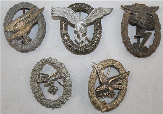 Five German Third Reich Luftwaffe badges,